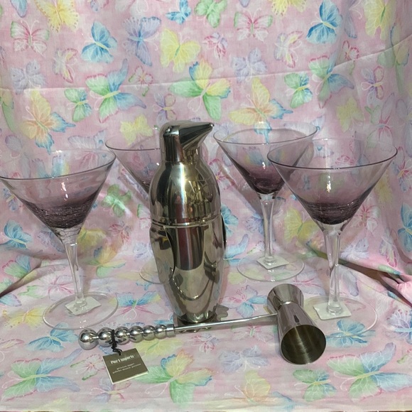 Pier 1 Other - Set of purple crackled Martini glasses. Silver Penguin shaker, a Greyson jigger
